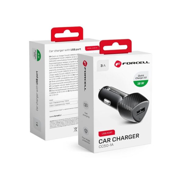 Mini încărcător auto FORCELL - CARBON USB QC 3.0 18W CC50-1A - Negru - imagine 6