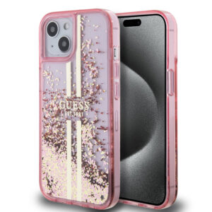 Husa Guess Liquid Glitter Gold Stripes iPhone 15 cu sclipici, roz, GUHCP15SLFCSEGP