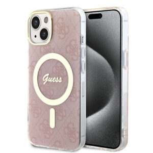 Husa iPhone 15 originala Guess IML 4G MagSafe, roz, GUHMP15SH4STP