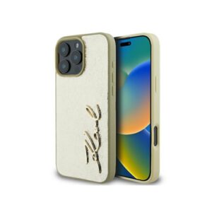 Husa iPhone 16 Pro Karl Lagerfeld Hardcase Leather, Metal Signature, auriu, KLHCP16LPFMFBKMD