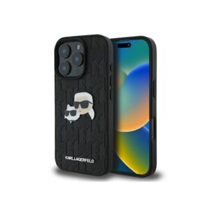 Husa iPhone 16 Pro Karl Lagerfeld Hardcase Leather Monogram, Karl&Chaoupette Head Pin, negru, KLHCP16LPGKLKCPK