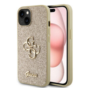 Husa Guess Glitter Script Big 4G iPhone 15 cu sclipici, auriu, GUHCP15SHG4SGD