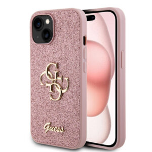 Husa Guess Glitter Script Big 4G iPhone 15 cu sclipici, roz, GUHCP15SHG4SGP