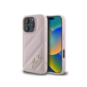 Husa iPhone 16 Pro Max Karl Lagerfeld Diagonal Quilted Script, roz, KLHCP16XPQDSMGP