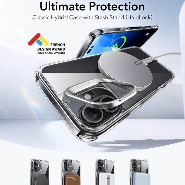 Husa iPhone 16 ESR Classic Hybrid HaloLock Kickstand, negru/transparenta - imagine 2