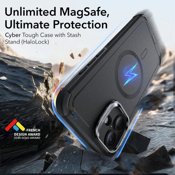 Husa iPhone 16 ESR Cyber Armor Kickstand, negru - imagine 2