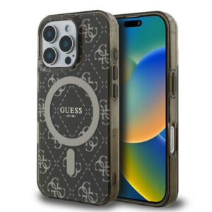 Husa iPhone 16 Pro originala Guess IML 4G Background MagSafe, maro, GUHMP16LH4DTEW