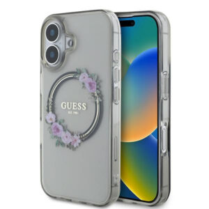 Husa iPhone 16 originala Guess IML Flowers Wreath MagSafe, negru, GUHMP16SHFWFCK