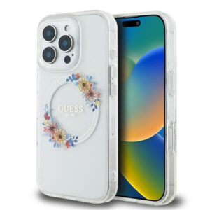 Husa iPhone 16 Pro originala Guess IML Flowers Wreath MagSafe, transparenta, GUHMP16LHFWFCT
