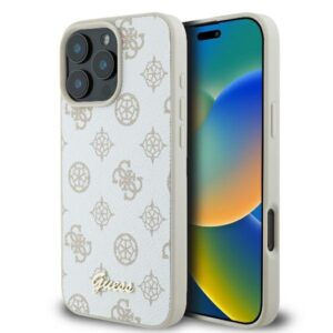 Husa iPhone 16 Pro Guess Peony Script MagSafe, alb, GUHMP16LPGPYSH
