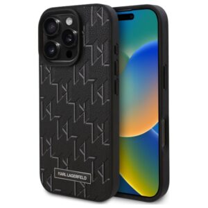 Husa iPhone 16 Pro Max Karl Lagerfeld Leather MagSafe, Monogram Metal Logo, negru, KLHMP16XPKHPORPK