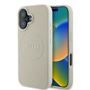 Husa iPhone 16 Guess Grained Gold Ring MagSafe, bej, GUHMP16SPGHSMME
