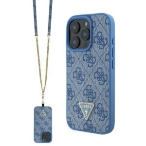 Husa iPhone 16 Guess Leather Metal Logo Strass Crossbody, albastru, GUHCP16SP4TDSCPB