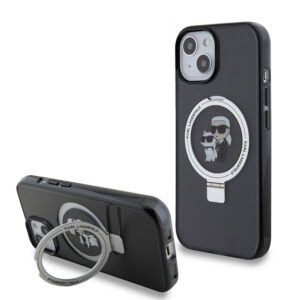 Husa iPhone 15 Karl Lagerfeld Hardcase Ring Stand MagSafe, Karl&Choupette, negru, KLHMP15SHMRSKCK