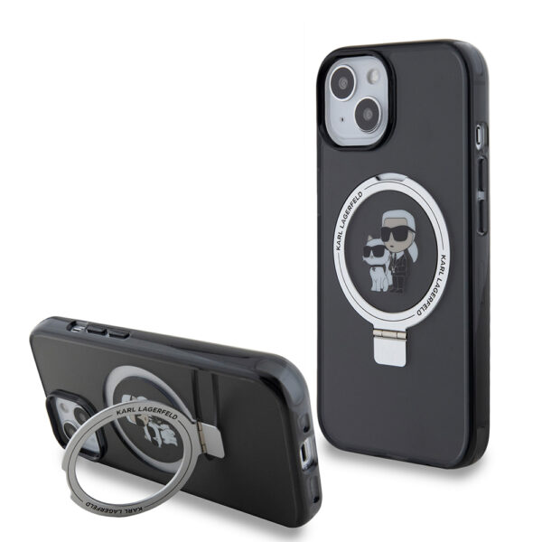 Husa iPhone 15 Karl Lagerfeld Hardcase Ring Stand MagSafe, Karl&Choupette, negru, KLHMP15SHMRSKCK