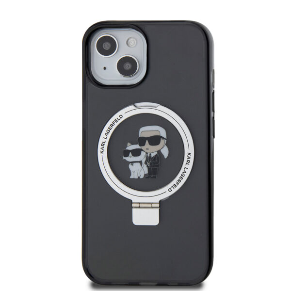 Husa iPhone 15 Karl Lagerfeld Hardcase Ring Stand MagSafe, Karl&Choupette, negru, KLHMP15SHMRSKCK - imagine 4
