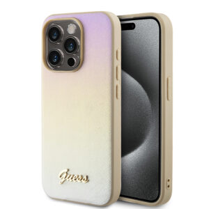 Husa originala Guess iPhone 15 Pro Saffiano Iridescent Script, auriu, GUHCP15LPSAIRSD