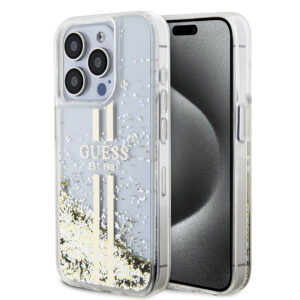 Husa Guess Liquid Glitter Gold Stripes iPhone 15 Pro cu sclipici, transparenta, GUHCP15LLFCSEGT