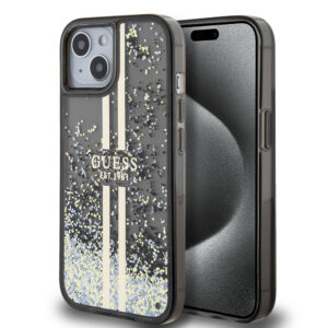Husa Guess Liquid Glitter Gold Stripes iPhone 15 cu sclipici, negru, GUHCP15SLFCSEGK