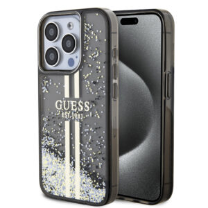 Husa Guess Liquid Glitter Gold Stripes iPhone 15 Pro Max cu sclipici, negru, GUHCP15XLFCSEGK