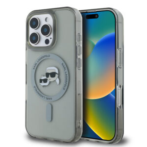 Husa iPhone 16 Pro Karl Lagerfeld IML MagSafe, Metal Karl&Choupette Head, negru, KLHMP16LHLSKCK