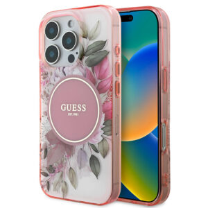 Husa iPhone 16 Pro originala Guess IML Flower & Tonal Circle MagSafe, roz, GUHMP16LHFWBDCEP