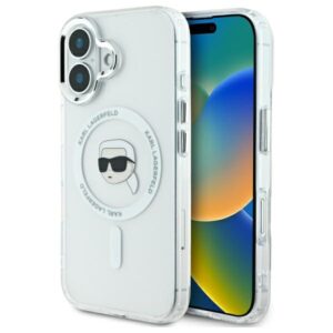 Husa iPhone 16 Plus Karl Lagerfeld IML MagSafe, Karl`s Head, alb, KLHMP16MHLSKIH