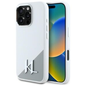 Husa Karl Lagerfeld iPhone 16 Pro Silicone MagSafe, Shadow Metal Initial, alb, KLHMP16LSCMKMPCH
