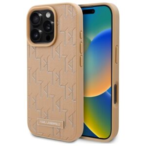 Husa iPhone 16 Pro Karl Lagerfeld Leather MagSafe, Monogram Metal Logo, bej, KLHMP16LPKHPORPE