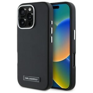 Husa iPhone 16 Pro Karl Lagerfeld Leather MagSafe, FW Metal Plate, negru, KLHMP16LPGMSRPK