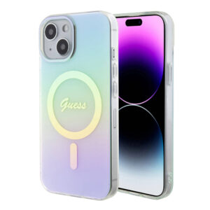 Husa iPhone 15 Plus originala Guess IML Iridescent MagSafe, turcoaz, GUHMP15MHITSQ