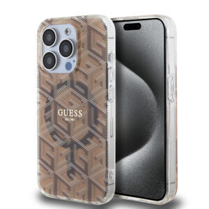 Husa iPhone 15 Pro Max originala Guess IML GCube MagSafe, maro, GUHMP15XHGCUSTGW