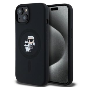 Husa Karl Lagerfeld iPhone 15 Silicone MagSafe, Karl&Choupette, negru, KLHMP15SSCMKCRHK