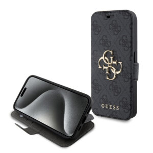 Husa tip carte iPhone 15 Pro Guess Book 4G, gri, GUBKP15L4GMGGR