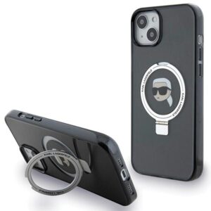 Husa iPhone 15 Karl Lagerfeld Hardcase Ring Stand MagSafe, Karl Head, negru, KLHMP15SHMRSKHK
