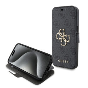 Husa tip carte iPhone 15 Guess Book 4G, gri, GUBKP15S4GMGGR