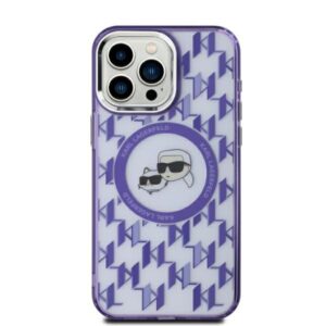 Husa iPhone 15 Karl Lagerfeld IML MagSafe, Monogram Karl&Choupette Head, mov, KLHMP15SHMCKMHU