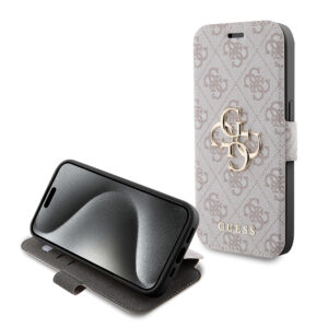 Husa tip carte iPhone 15 Pro Guess Book 4G, roz, GUBKP15L4GMGPI