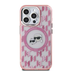Husa iPhone 15 Karl Lagerfeld IML MagSafe, Monogram Karl&Choupette Head, roz, KLHMP15SHMCKMHP