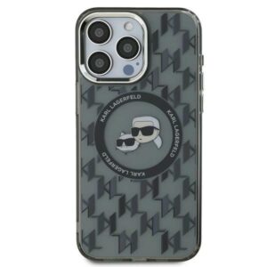 Husa iPhone 15 Karl Lagerfeld IML MagSafe, Monogram Karl&Choupette Head, negru, KLHMP15SHMCKMHK
