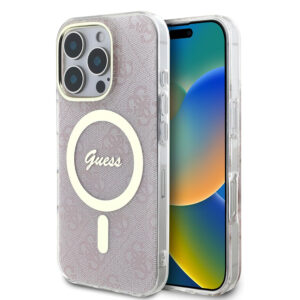 Husa iPhone 16 Pro originala Guess IML 4G MagSafe, roz, GUHMP16LH4STP