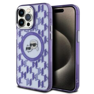 Husa iPhone 15 Pro Karl Lagerfeld IML MagSafe, Monogram Karl&Choupette Head, mov, KLHMP15LHMCKMHU
