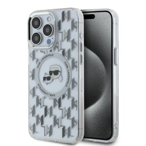 Husa iPhone 15 Pro Karl Lagerfeld IML MagSafe, Monogram Karl&Choupette Head, clear, KLHMP15LHMCKMHT