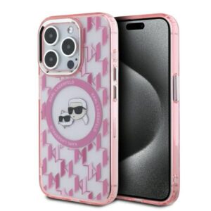 Husa iPhone 15 Pro Karl Lagerfeld IML MagSafe, Monogram Karl&Choupette Head, roz, KLHMP15LHMCKMHP