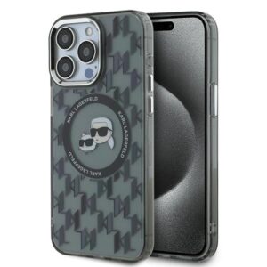 Husa iPhone 15 Pro Karl Lagerfeld IML MagSafe, Monogram Karl&Choupette Head, negru, KLHMP15LHMCKMHK