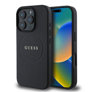 Husa iPhone 16 Pro Guess Grained Gold Ring MagSafe, negru, GUHMP16LPGHSMMK