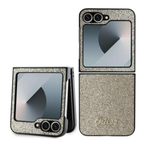 Husa Guess Glitter Script Samsung Galaxy Z Flip6 cu sclipici, auriu, GUHCZF6HGGSHD
