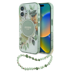 Husa iPhone 16 originala Guess IML Flowers with Pearl Strap MagSafe, verde, GUHMP16SHFWBRCESN