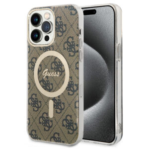 Husa iPhone 15 Pro originala Guess IML 4G MagSafe, maro, GUHMP15LH4STW