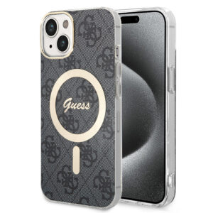 Husa iPhone 15 originala Guess IML 4G MagSafe, negru, GUHMP15SH4STK